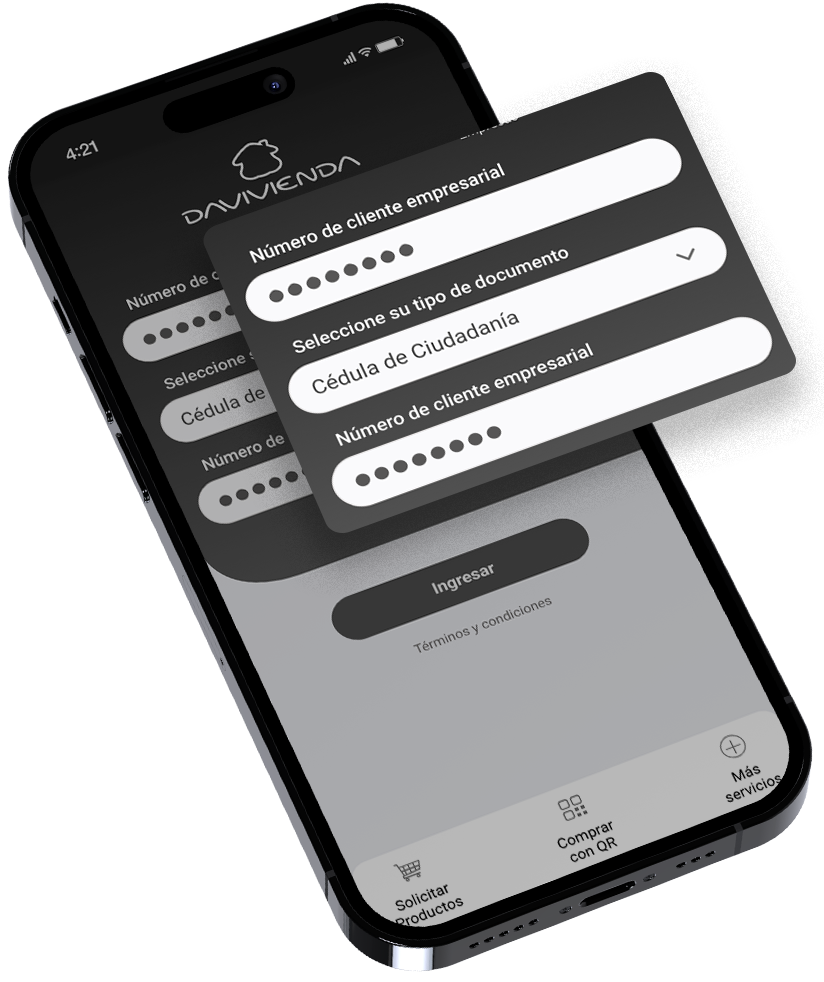 Ingrese a la App Davivienda Empresas, digite tipo y número de documento.
