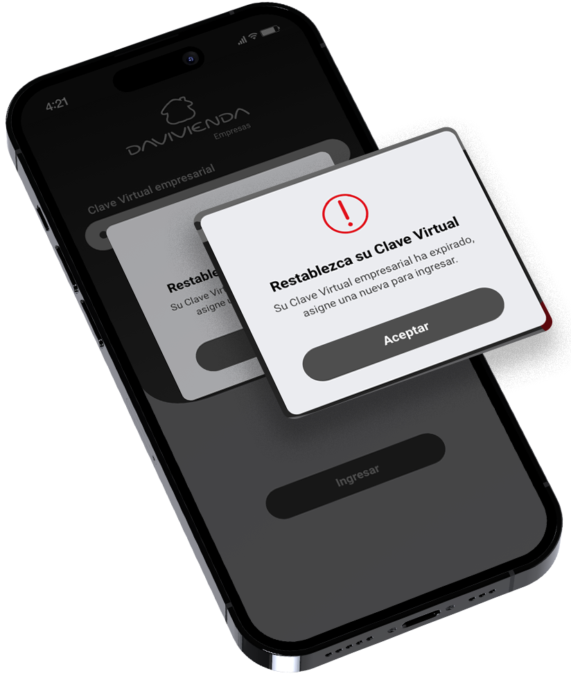 Ingrese a la App Davivienda Empresas y en cambio de Clave Virtual, dé clic en «Aceptar».